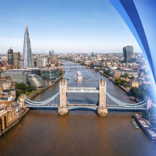 Aerial view of London featuring Tower Bridge and the River Thames, with a subtle Connect Mortgages blue gradient fading in from the right side and the rest of the city shown in natural colours. Mortgage Advisers in London