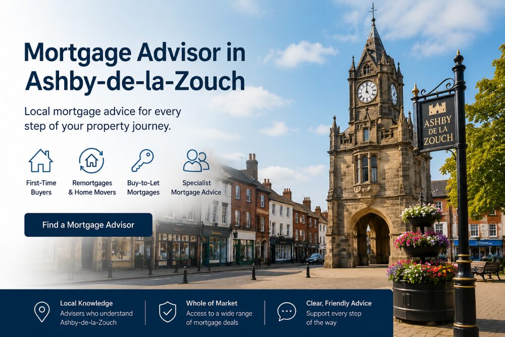 Mortgage Advisor in Ashby-de-la-Zouch hero image showing a bright town centre scene with local mortgage advice icons for first-time buyers, remortgages, buy-to-let and specialist mortgage advice.