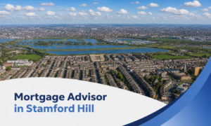 Promotional banner showing a bright summer aerial view of Stamford Hill with reservoirs, green open spaces, and dense rows of London terraced houses beneath realistic white clouds. A curved white panel and blue brand accents frame the lower section, featuring the two-tone title “Mortgage Advisor in Stamford Hill”.