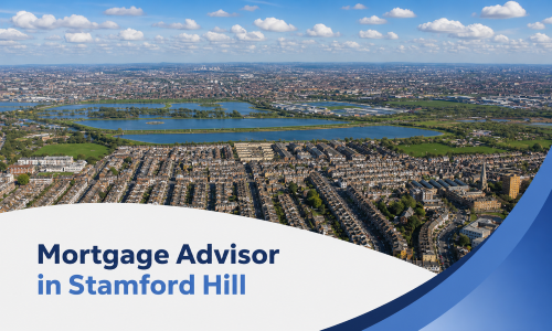 Promotional banner showing a bright summer aerial view of Stamford Hill with reservoirs, green open spaces, and dense rows of London terraced houses beneath realistic white clouds. A curved white panel and blue brand accents frame the lower section, featuring the two-tone title “Mortgage Advisor in Stamford Hill”.