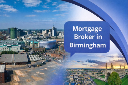 A promotional graphic showing Birmingham city skyline with modern buildings and landmarks, including the Bullring and city centre views. A blue speech bubble overlay contains the text “Mortgage Broker in Birmingham”. The design uses blue curved accents and a split-city imagery layout.