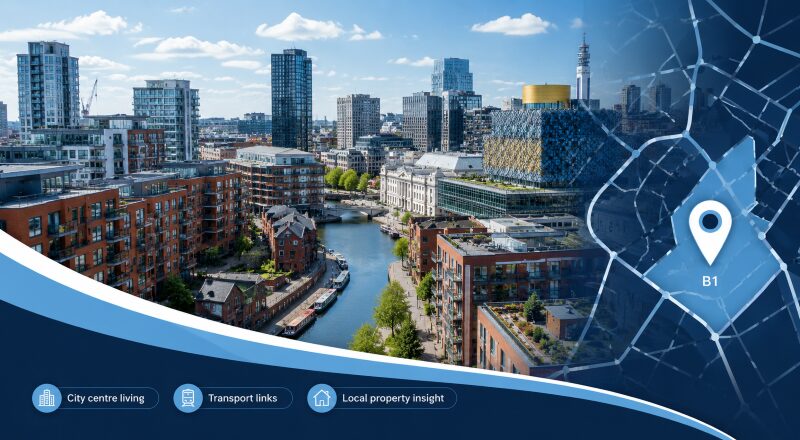 Mortgage Broker in Birmingham B1 hero image featuring Birmingham city centre, canal-side developments, local transport links and a B1 location map pin.