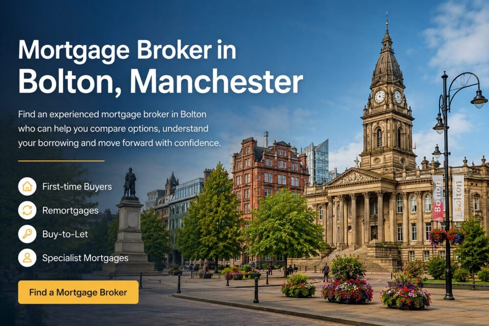 Mortgage Broker in Bolton, Manchester hero image with Bolton Town Hall, mortgage service icons and a Find a Mortgage Broker call-to-action.