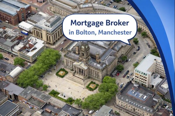 Mortgage Broker in Bolton, Manchester graphic showing an aerial view of Bolton town centre with Bolton Town Hall in the foreground and Connect Mortgages branded blue curved design on the right, with the title displayed in a speech bubble.