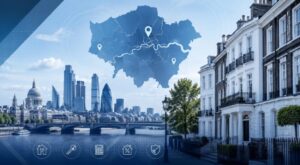 Mortgage Broker in Greater London with London skyline, residential properties and a Greater London location map.