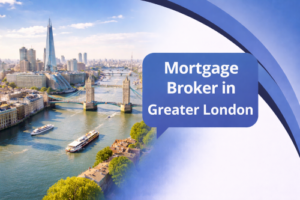 Banner image showing a panoramic view of Greater London with the River Thames, Tower Bridge, and modern skyline buildings in the background. The right side features a smooth white to blue curved transition in Connect Mortgages brand colours, filling the full height. A blue speech bubble contains the title “Mortgage Broker in Greater London”.