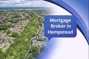 Banner image showing an aerial view of a leafy residential area with a long tree lined road, a roundabout, and surrounding houses. The right side features a smooth white to blue curved transition in Connect Mortgages brand colours, filling the full height. A blue speech bubble contains the title “Mortgage Broker in Hempstead”.