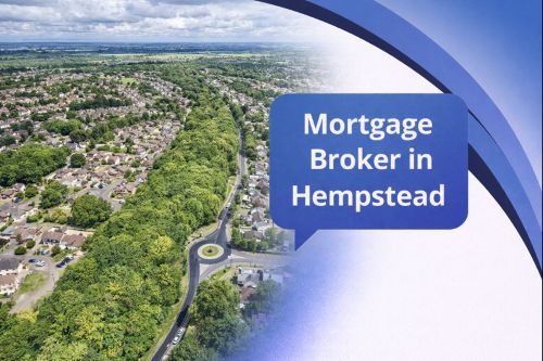 Banner image showing an aerial view of a leafy residential area with a long tree lined road, a roundabout, and surrounding houses. The right side features a smooth white to blue curved transition in Connect Mortgages brand colours, filling the full height. A blue speech bubble contains the title “Mortgage Broker in Hempstead”.