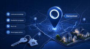Mortgage Broker in Hempstead location map graphic featuring property, key and mortgage service icons in Connect’s blue brand colours.