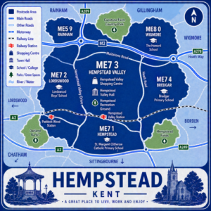 A square, blue-themed postcode map of Hempstead in Kent, styled with curved branded borders. The map highlights postcode areas ME7, with nearby ME5 and ME8 also shown. Key sections include ME7 1 (Hempstead), ME7 2 (Lordswood), ME7 3 (Hempstead Valley), ME7 4 (Bredgar), ME5 9 (Rainham), and ME8 0 (Wigmore). Major roads such as the M2, A2, A278 (Hoath Way), and A289 are labelled. Hempstead Valley is marked centrally, featuring Hempstead Valley Shopping Centre, Hempstead Valley Hall, and a local recreation ground. Rail links and stations are indicated, along with nearby areas including Gillingham, Rainham, Chatham, Lordswood, and Borden. Green spaces such as Capstone Farm Country Park, Darland Banks, and Hempstead Fields are shown in green. The design uses layered blue tones with white text and clean boundary lines for clarity.