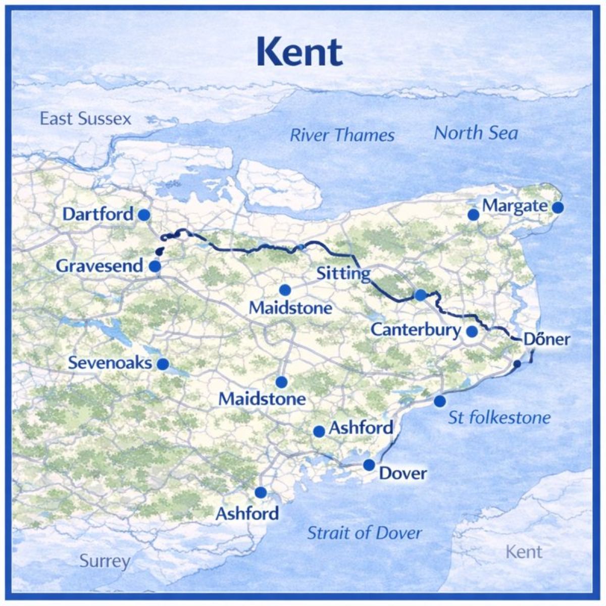 Map of Kent in the UK with mortgage brokers in their respective locations