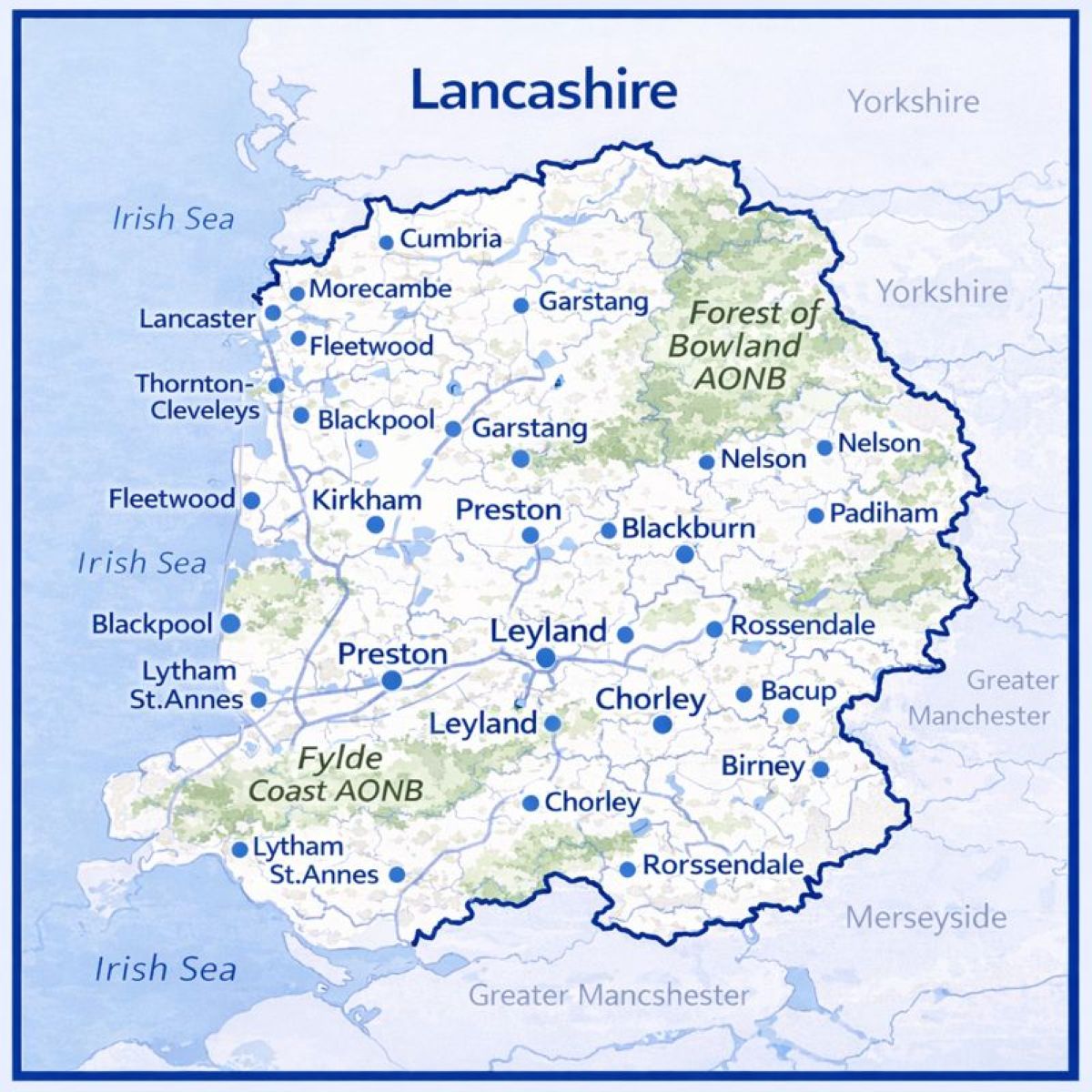 Map of Lancashire in the UK with mortgage brokers in their respective location