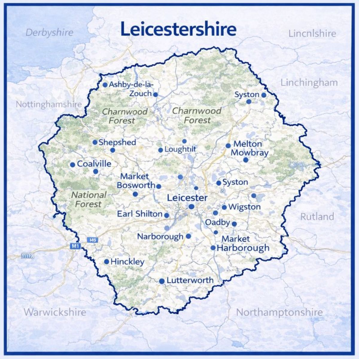 Map of Leicestershire in the UK with mortgage brokers in their respective location