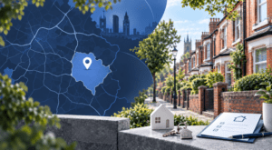 Mortgage Broker in Levenshulme with Greater Manchester location map, residential street, house model and keys