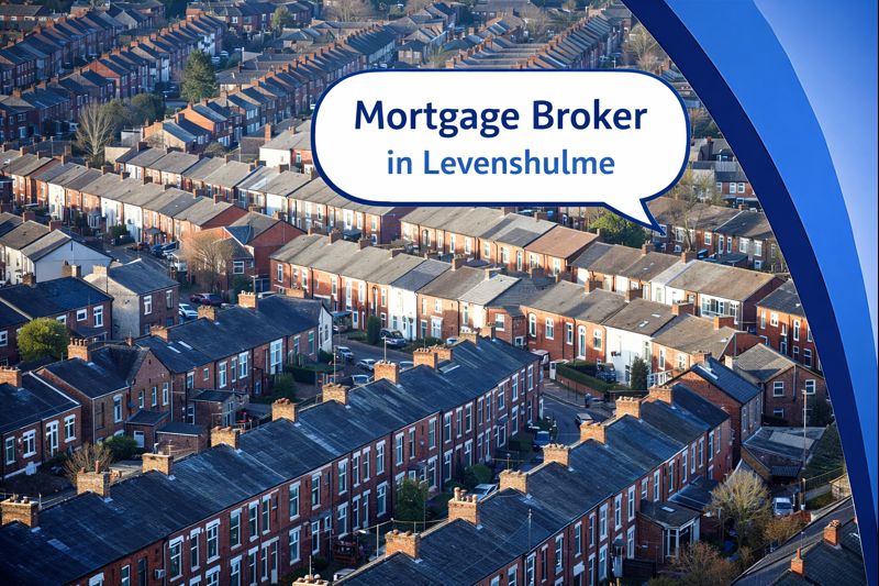 Mortgage Broker in Levenshulme graphic showing an aerial view of red brick terraced houses in Levenshulme, Manchester, with Connect Mortgages branded blue curved design on the right and the title displayed in a speech bubble.