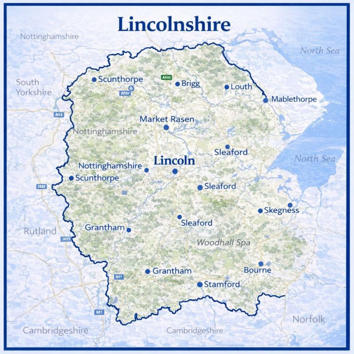 Map of Lincolnshire in the UK with mortgage brokers in their respective location