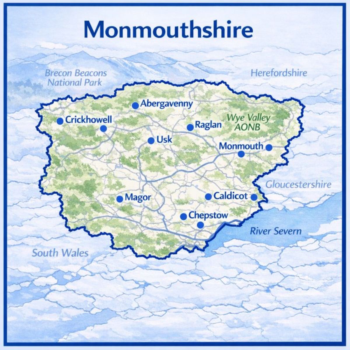 Map of Monmouthshire in the UK with mortgage brokers in their respective location