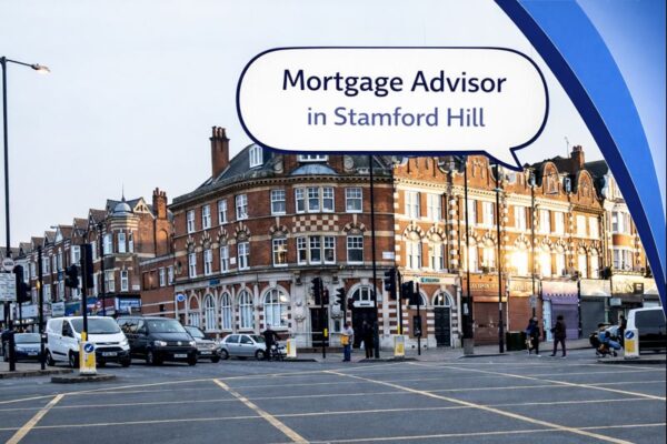 Mortgage Advisor in Stamford Hill graphic showing a street scene with red brick period buildings at a busy junction, pedestrians and vehicles, alongside Connect Mortgages branded blue curved design and the title displayed in a speech bubble.