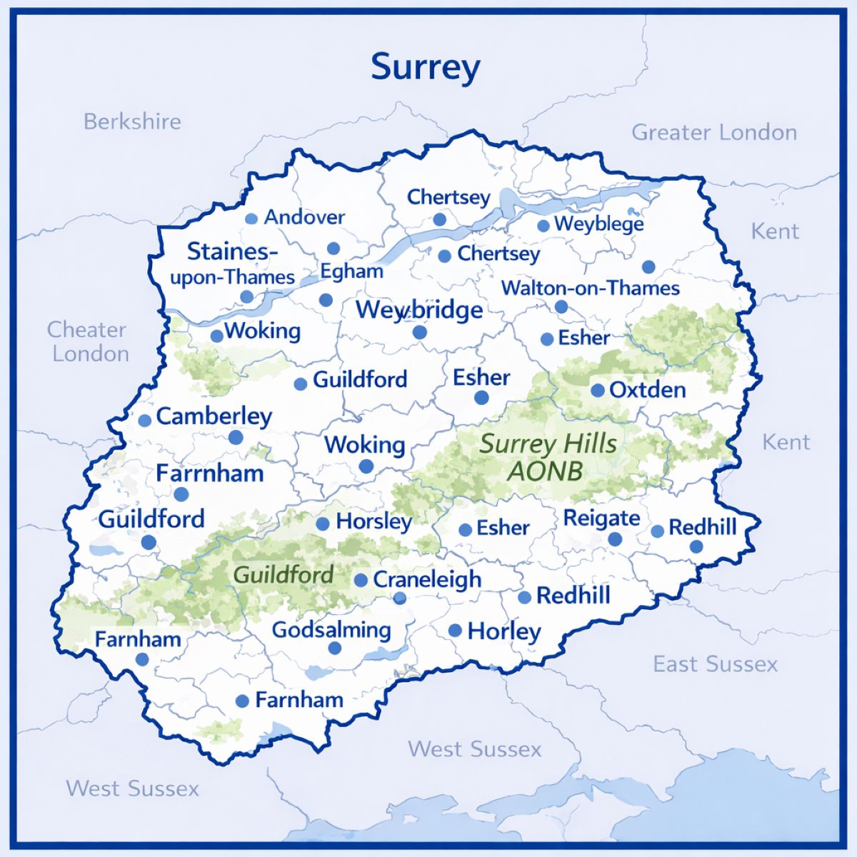 Map of Surrey in the UK with mortgage brokers in their respective location