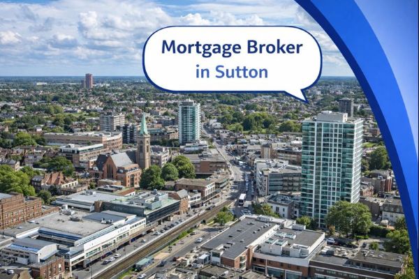 Mortgage Broker in Sutton graphic showing an aerial view of Sutton town centre with residential and commercial buildings, green spaces, and roads, overlaid with a speech bubble reading “Mortgage Broker in Sutton” and Connect Mortgages branded blue curved design.