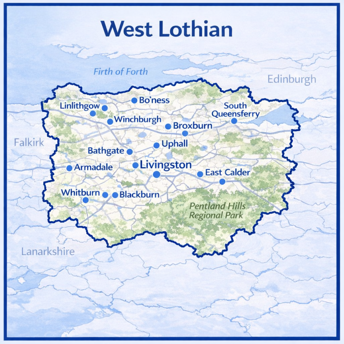 Map of West Lothian in the UK with mortgage brokers in their respective location