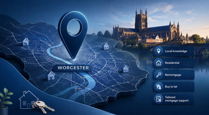 Mortgage Broker in Worcester location map featuring property icons, Worcester Cathedral, and mortgage support services.
