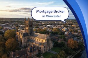 Mortgage Broker in Worcester graphic showing an aerial view of Worcester Cathedral surrounded by greenery and the city skyline, with Connect Mortgages branded blue curved design on the right and the title displayed in a speech bubble.