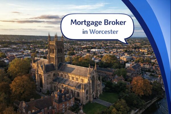 Mortgage Broker in Worcester graphic showing an aerial view of Worcester Cathedral surrounded by greenery and the city skyline, with Connect Mortgages branded blue curved design on the right and the title displayed in a speech bubble.