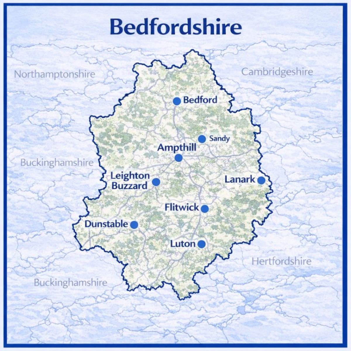 Map of Bedfordshire in the UK with mortgage brokers in their respective location