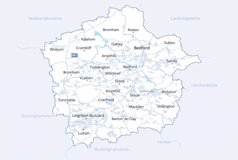 Map of Bedfordshire in the UK with mortgage brokers in their respective location
