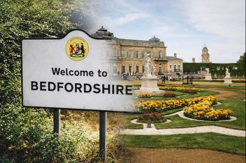 “Welcome to Bedfordshire sign blended with a grand stately home and formal gardens on a sunny day.”