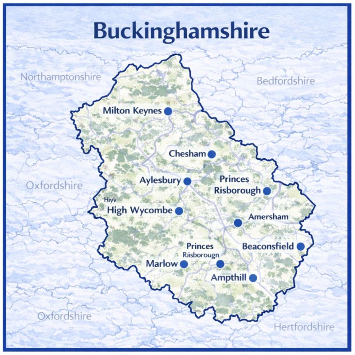 Map of Buckinghamshire with mortgage brokers in their respective location