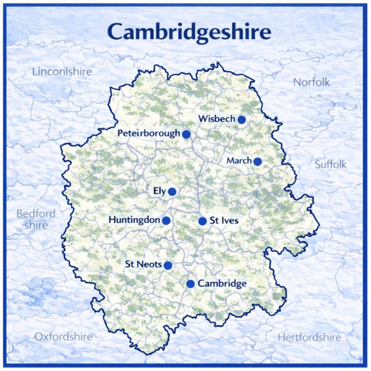 Map of Cambridgeshire in the UK with mortgage brokers in their respective location