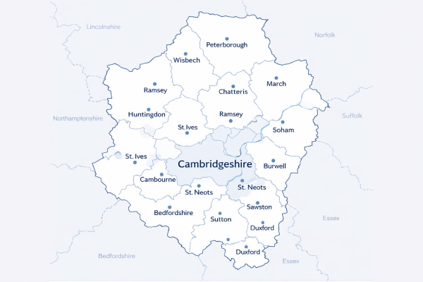 Map of Cambridgeshire in the UK with mortgage brokers in their respective location