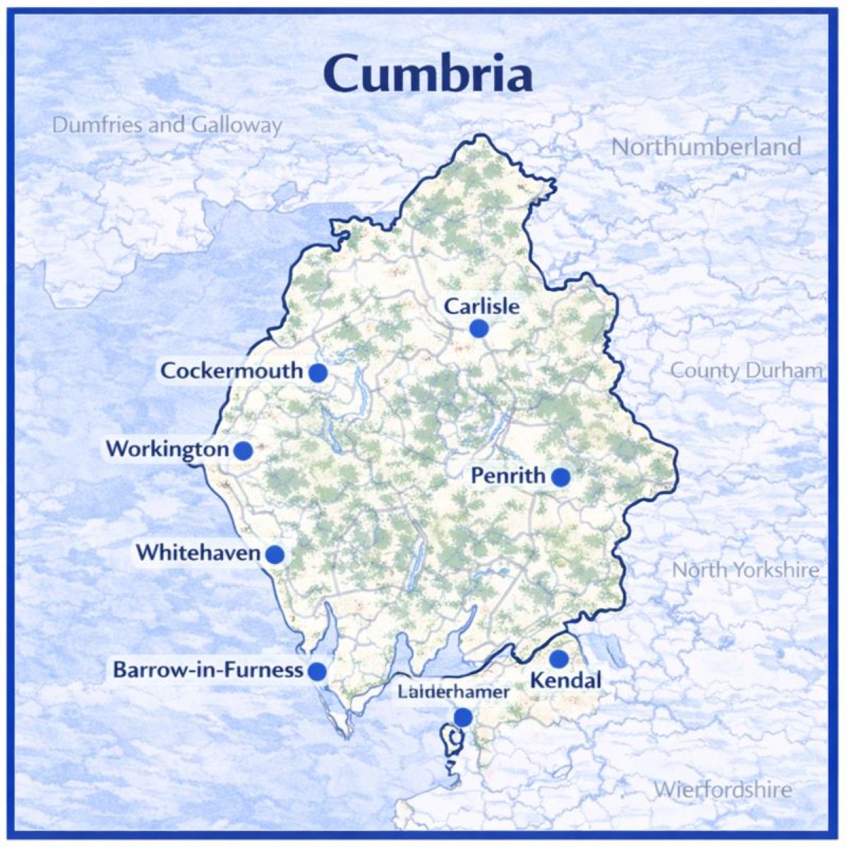 Map of Cumbria in the UK with mortgage brokers in their respective location