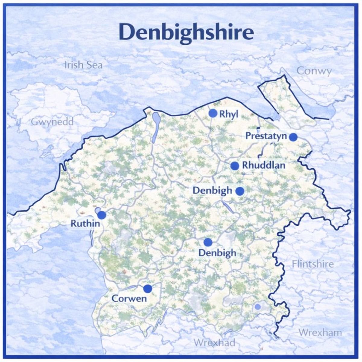 Map of Denbighshire in the UK with mortgage brokers in their respective location