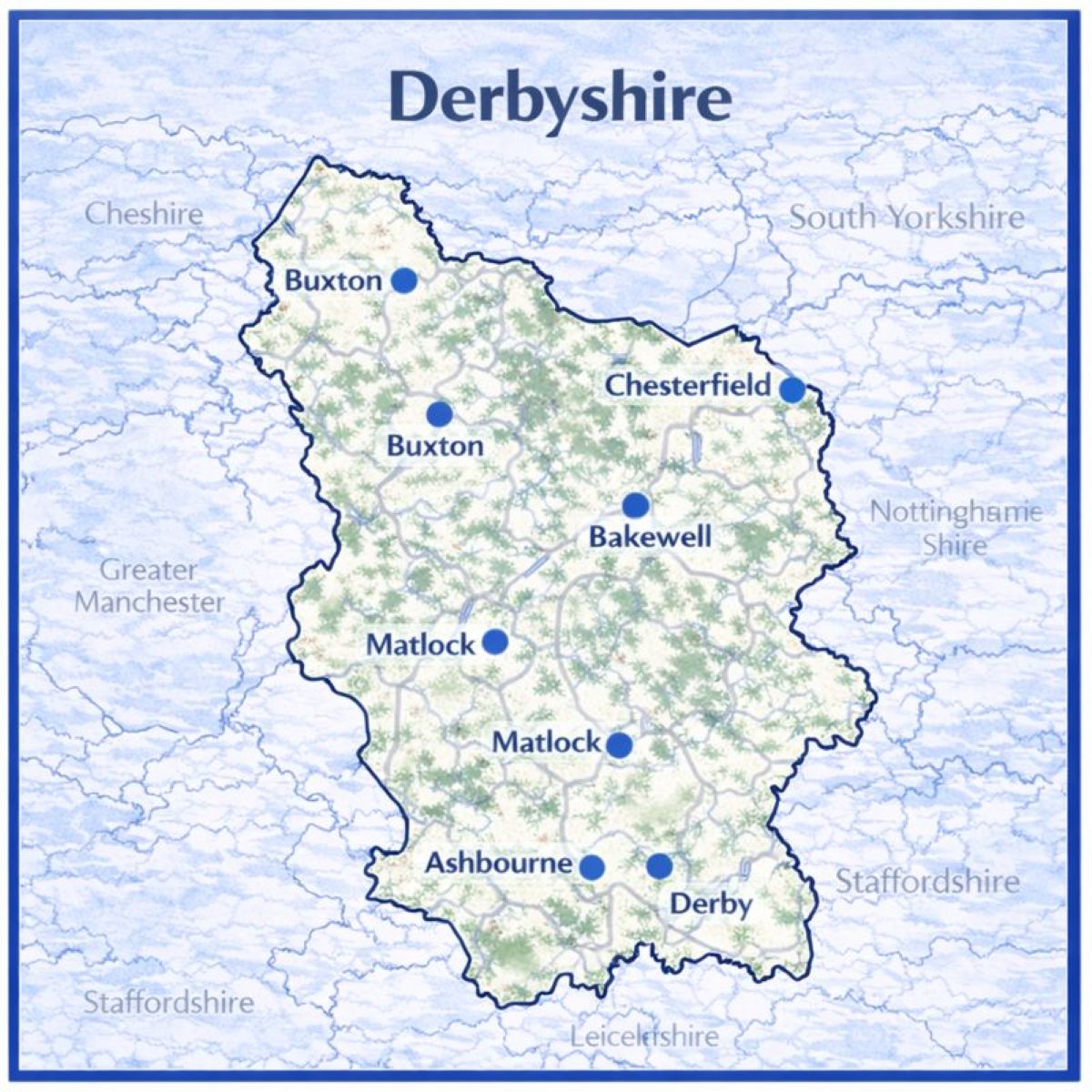 Map of Derbyshire in the UK with mortgage brokers in their respective location