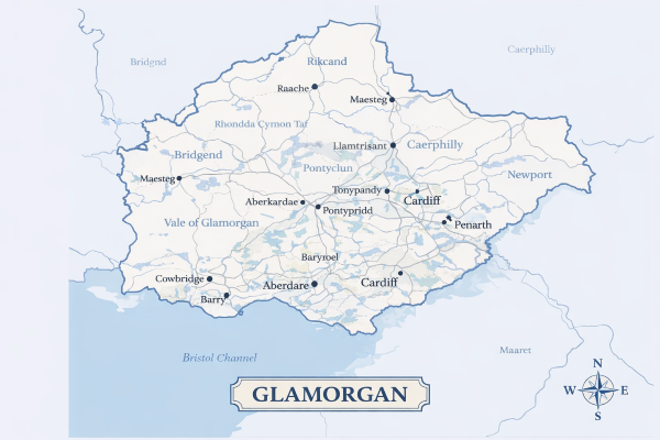 Map of Glamorgan in Wales with mortgage brokers in their respective locations