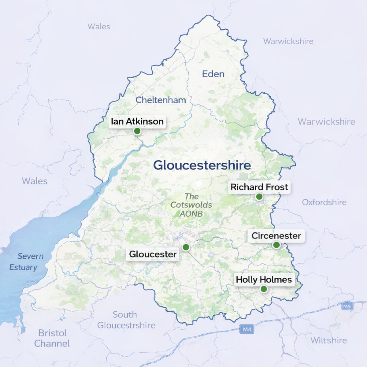 Map of Gloucestershire in the UK with mortgage brokers in their respective location