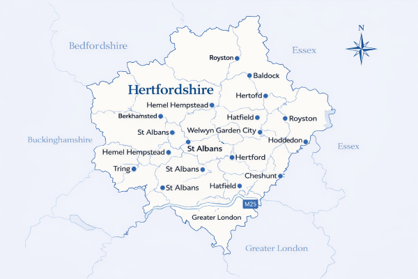 Map of Hertfordshire in the UK with mortgage brokers in their respective locations