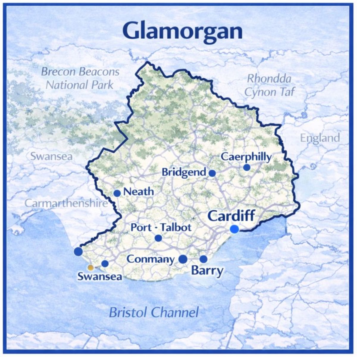 Map of Glamorgan in Wales with mortgage brokers in their respective locations