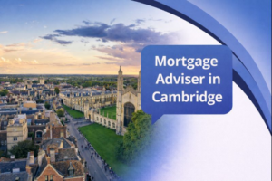 Banner image showing an aerial view of Cambridge at sunset with historic buildings and King’s College Chapel alongside green college grounds. The right side features a smooth white to blue curved transition in Connect Mortgages brand colours, filling the full height. A blue speech bubble contains the title “Mortgage Adviser in Cambridge”.
