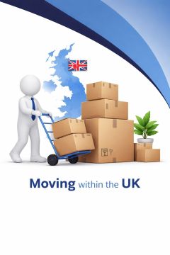 3D illustration in a 240x300 format showing a white humanoid figure in a blue tie pushing a trolley of moving boxes, with more packed boxes beside it. A blue map of the UK with a location pin and UK flag appears in the background, representing moving within the UK, using Connect Mortgages branded blue tones on a white background.
