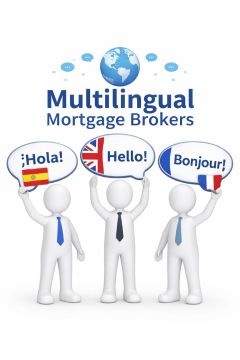 Illustration showing three white humanoid figures in Connect Mortgages branded blue tones, each holding a speech bubble to represent different languages, symbolising multilingual mortgage brokers. A globe and speech icons appear above them, reinforcing international communication, in a 240x300 format on a white background.
