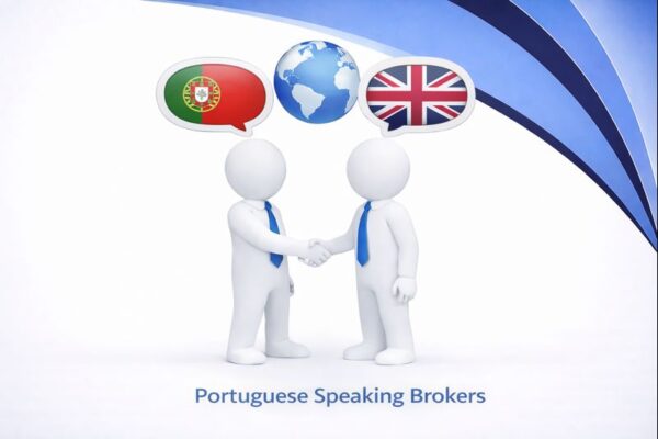 Portuguese Speaking Brokers graphic showing two white 3D figures in blue ties shaking hands, with speech bubbles displaying the Portuguese flag, a globe, and the UK flag above them, set against Connect Mortgages branded blue curved design.