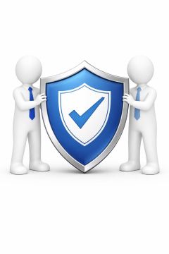 3D illustration in a 240x300 format showing two white humanoid figures wearing blue ties holding a large blue shield with a checkmark, representing protection mortgage brokers, on a clean white background using Connect Mortgages branded colours.