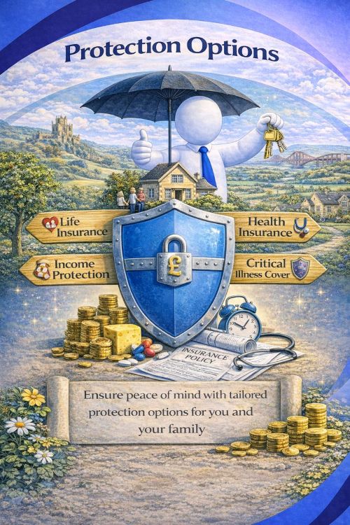 Illustration titled “Protection Options” showing financial and insurance protection for individuals and families. The scene features a friendly white 3D character holding an umbrella over a family and a home, symbolising security and peace of mind. Visual elements include a shield with a pound sign, insurance documents, coins, and signposts for life insurance, income protection, health insurance, and critical illness cover, all set against a calm countryside background to represent stability and long term financial protection.