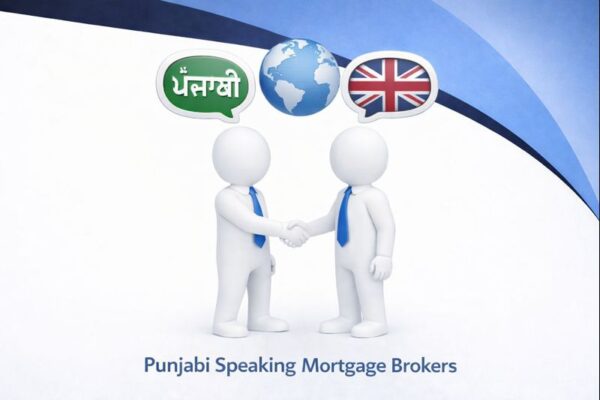 Punjabi speaking mortgage brokers illustration showing two professional figures shaking hands, representing clear mortgage advice in Punjabi and English in the UK.