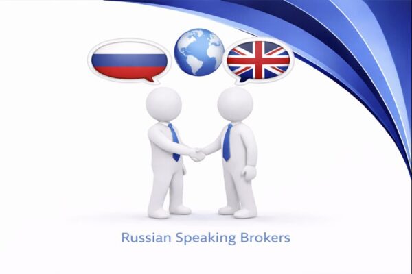 Russian Speaking Brokers graphic showing two white 3D figures in blue ties shaking hands, with high resolution Connect Mortgages branded blue curved design and speech bubbles displaying the Russian flag, a globe, and the UK flag above them.