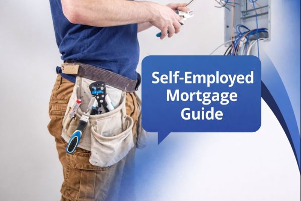 Banner image showing a self employed tradesperson from the waist up wearing a tool belt, working with electrical wiring. The right side has a smooth white to blue curved transition in Connect Mortgages brand colours, filling the full height. A blue speech bubble contains the title “Self-Employed Mortgage Guide”.